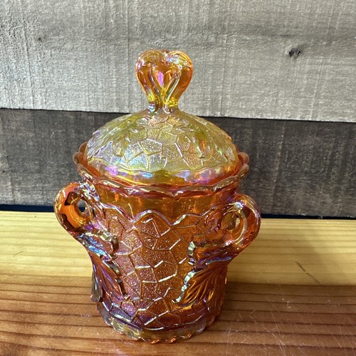 Mosser Maple Leaf Amber Carnival Glass Candy Dish/Sugar Bowl With Lid RARE - Picture 3 of 9