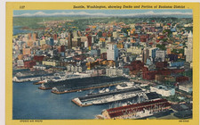 SEATTLE, WASHINGTON, SHOWING DOCKS AND PORTION OF BUSINESS DISTRICT. CURT TEICH.