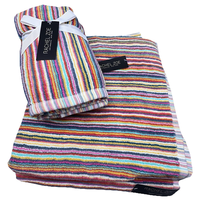 4 pc Rachel Zoe Rainbow Stripe Bath Hand Towel Set Colorful Summer