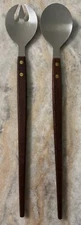 Mid Century Modern 60's Salad Server set Stainless Steel Teak Wood Japan riveted