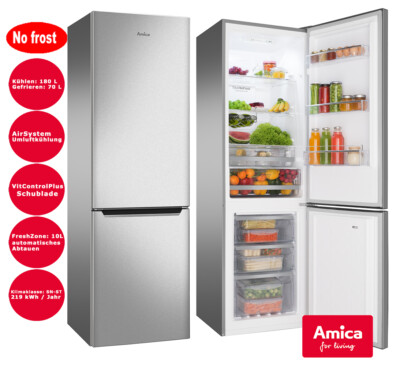 Amica Kühl-Gefrierkombination Silber 250L VitControl Plus NoFrost FreshZone