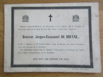 FAIRE PART DECES JACQUES EMMANUEL DE BRUYNE 1850 RYCKMANS ST ROMBAUT MALINES