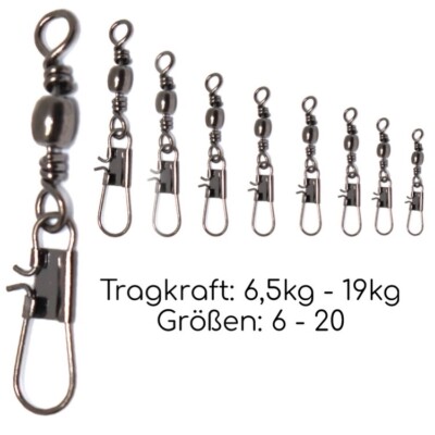Angelwirbel Größe 6-20 Karabiner Tönnchenwirbel Wirbel Powerwirbel Duo Lock Snap