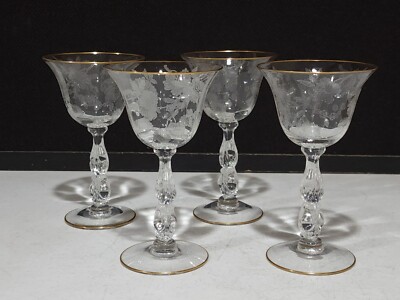 SET OF 4- RARE Cambridge Glass Blossom Time Gold Trim LIQUOR COCKTAIL GLASSES