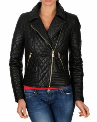 Women's Lambskin Real Leather Jacket Black Motorcycle Quilted Warm Winter Coat