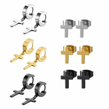6Pairs Women Men Cross Drop Dangle Stainless Steel Hoop Huggie Ear Stud Earrings