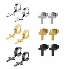 6Pairs Women Men Cross Drop Dangle Stainless Steel Hoop Huggie Ear Stud Earrings