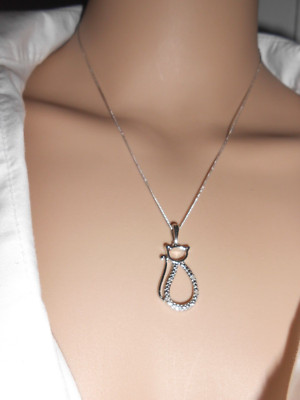 Damen Silber Platin Überzug Offen Katzenform Anhänger mit Zarter 18'' Kette