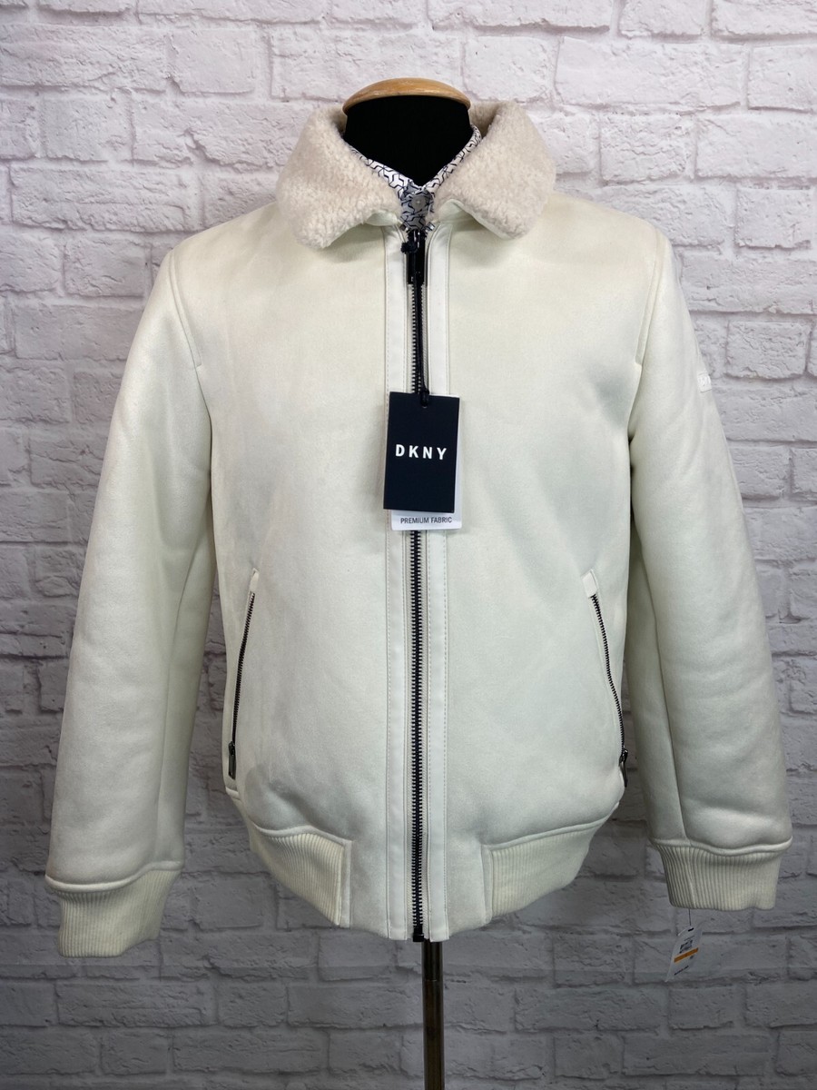 New DKNY Mens IVORY White Mixed-Media Zip-Front Coat OVERCOAT Jacket 'S'