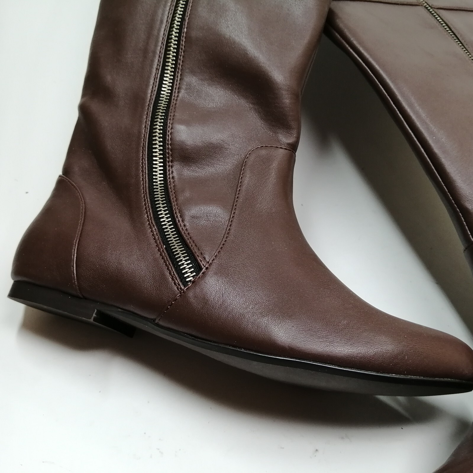 Dark Brown Flat Heel Boots UK Size 3 Eu36 Zip Up Calf High Comfort Faux