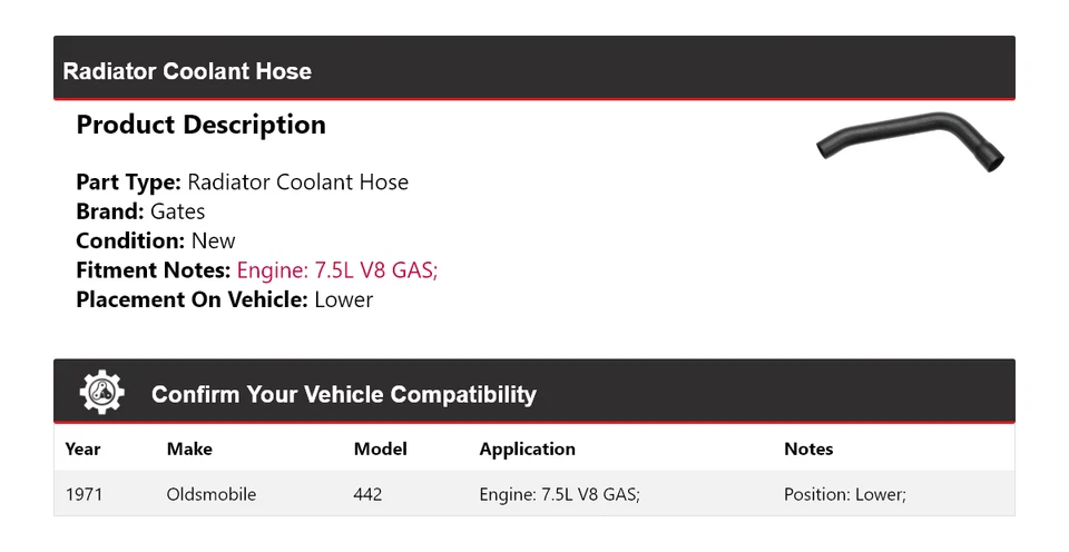 Manguera de refrigerante de radiador de gas V8 7,5 L Oldsmobile 442 1971 puertas inferiores Foto 2 de 4