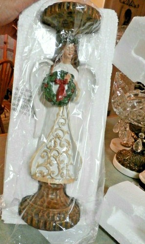 CHRISTMAS ANGEL FIGURINE WOODEN CARVED LOOK 14" CANDLE HOLDER - Picture 2 of 7