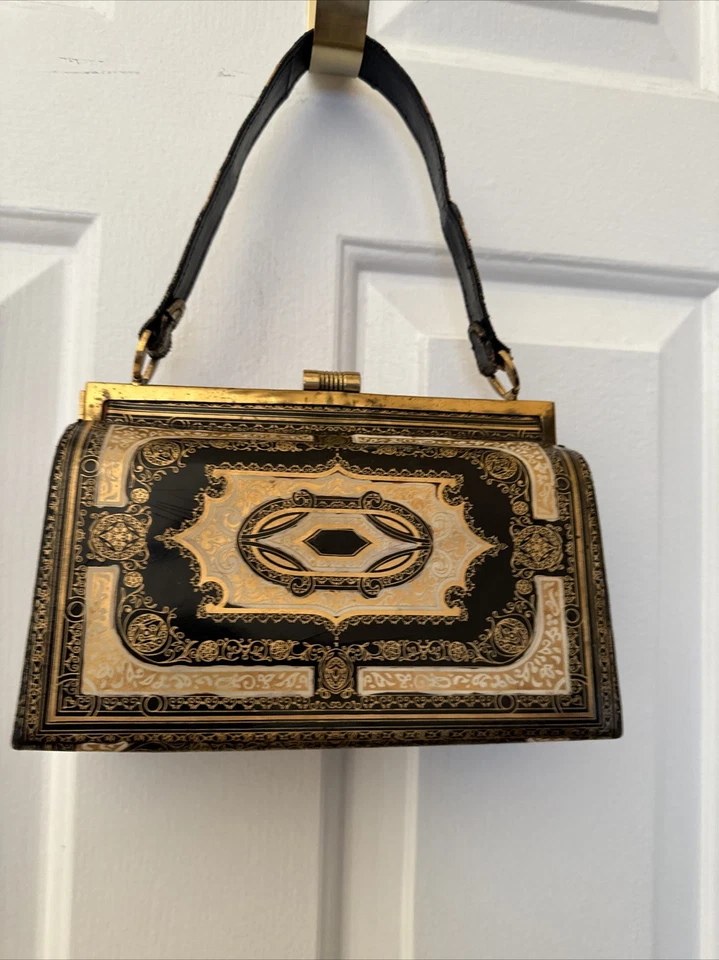 Bolsa de couro vintage estampada feita na Itália folha de ouro preto/branco retrô com espelho - Imagem 4 de 4