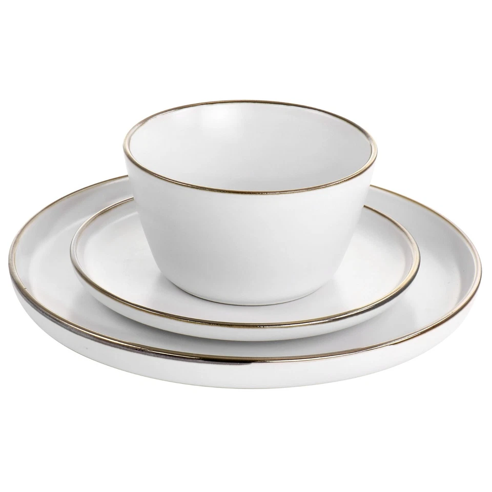 Elama Arthur 16 Piece Stoneware Dinnerware Set in Matte White with Gold Rim - Image 3 of 3