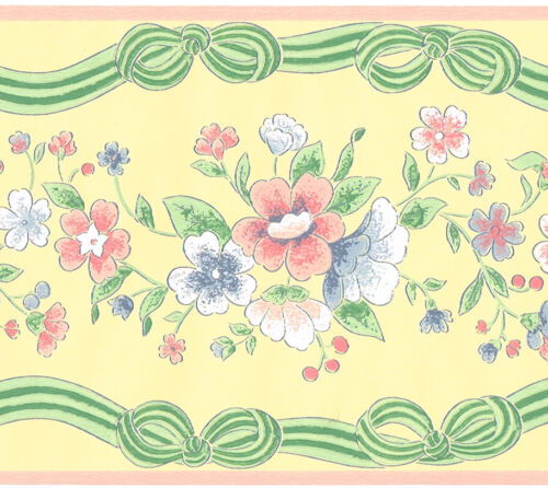 Papier mural fleur florale rose victorienne jaune vert arcs bordure - Photo 1 sur 2