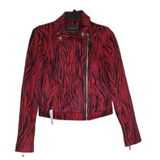 Guess Women's Rayana Faux Suede Red Tiger Stripe Long Sleeve Moto Jacket XS B39