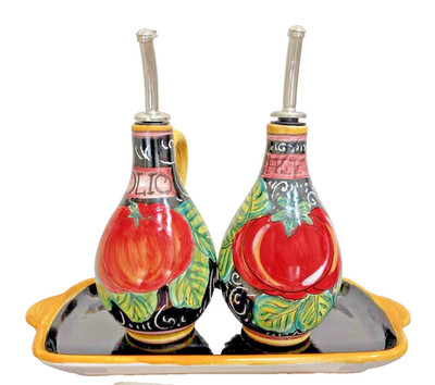 Tuscan Tomato Oil Vinegar Cruet Set w Tray Borgo San Gimignano Italy Ceramic