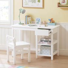 Kids Desk and Chair Set, Kids Study Desk with Drawer and Shelves, Children Woode