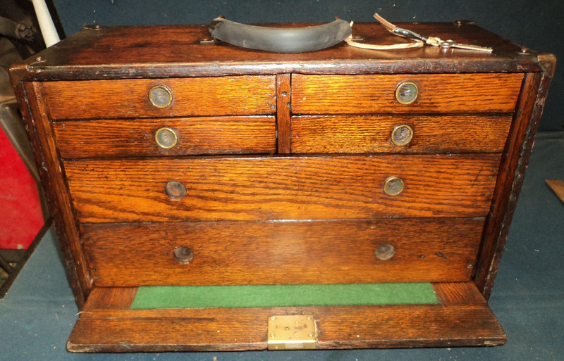 Antique Machinist Tool Box oak chest Wood Jewelry box 6 Drawer Vintage case