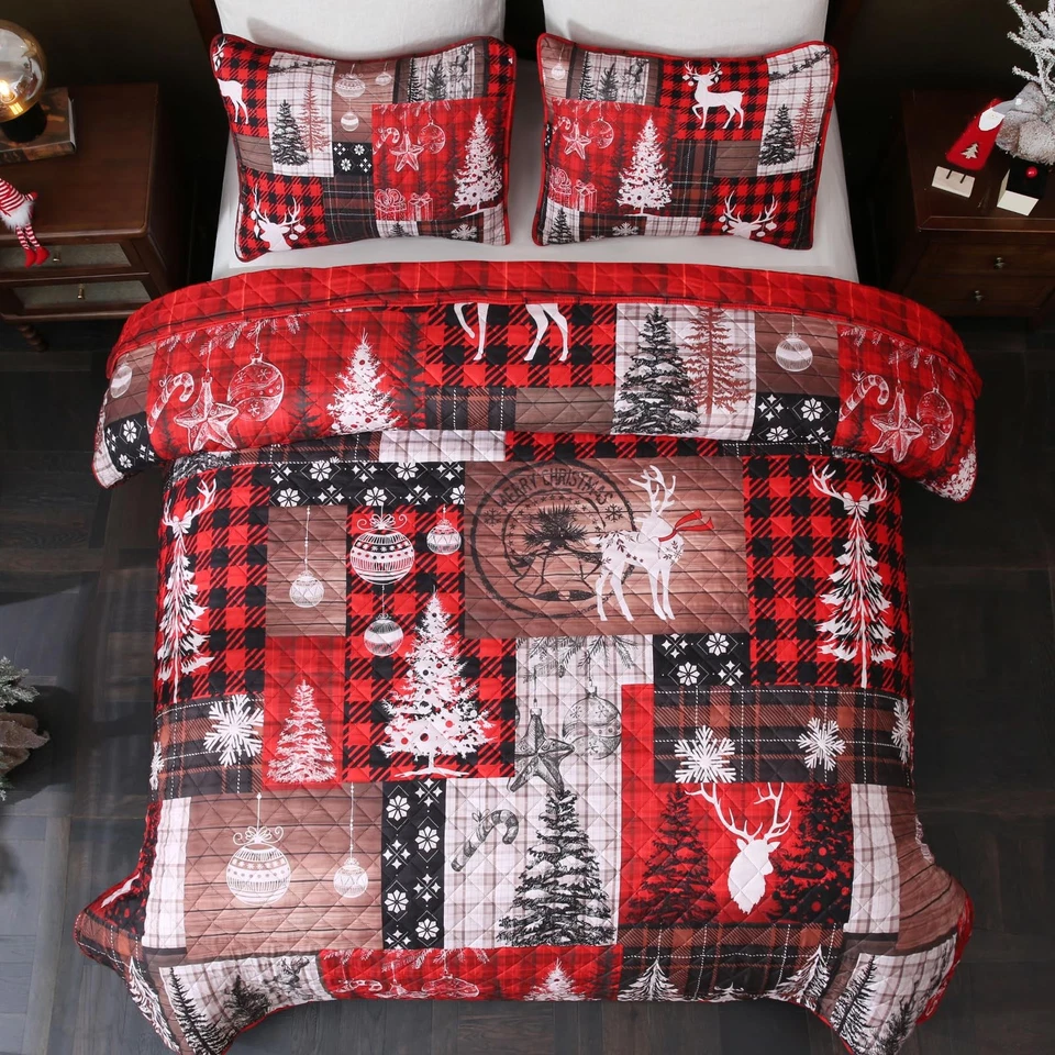 Juego de ropa de cama de 3 piezas edredones de Navidad tamaño king retro retazos edredón con 2 p... Foto 3 de 4