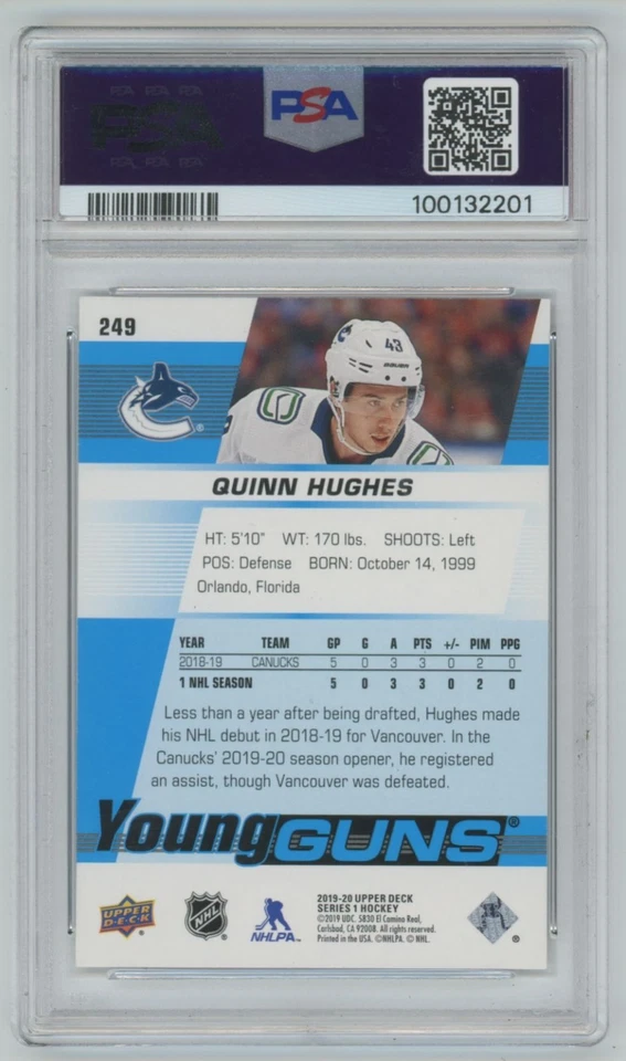 2019-20 UPPER DECK Quinn Hughes RC ROOKIE YOUNG GUNS PSA 10 GEM MT - Image 2 of 2