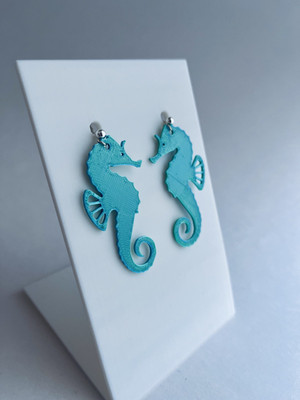 Shiny Aqua Teal Seahorse Hook Earrings 3D Printed