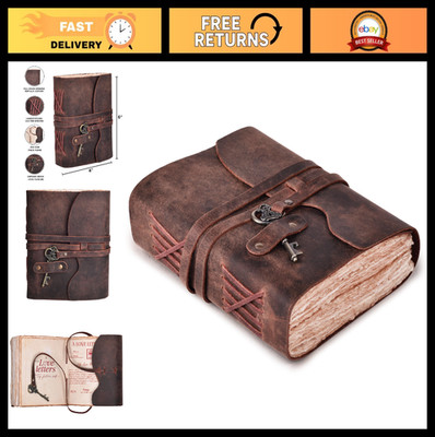 Handmade Leather Journal - 200 Vintage Deckle Edge Pages - Key Closure, A6, Fuch