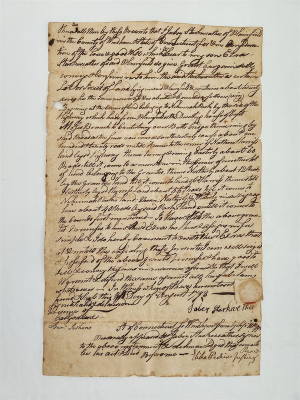1793 antique DEED windham ct JACOB STANSWEATHER to EZRA STANSWEATHER