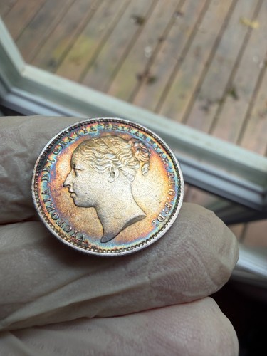 1883 Great Britain Shilling Victoria Young Head UNC MS Rainbow Toning Lustrous S