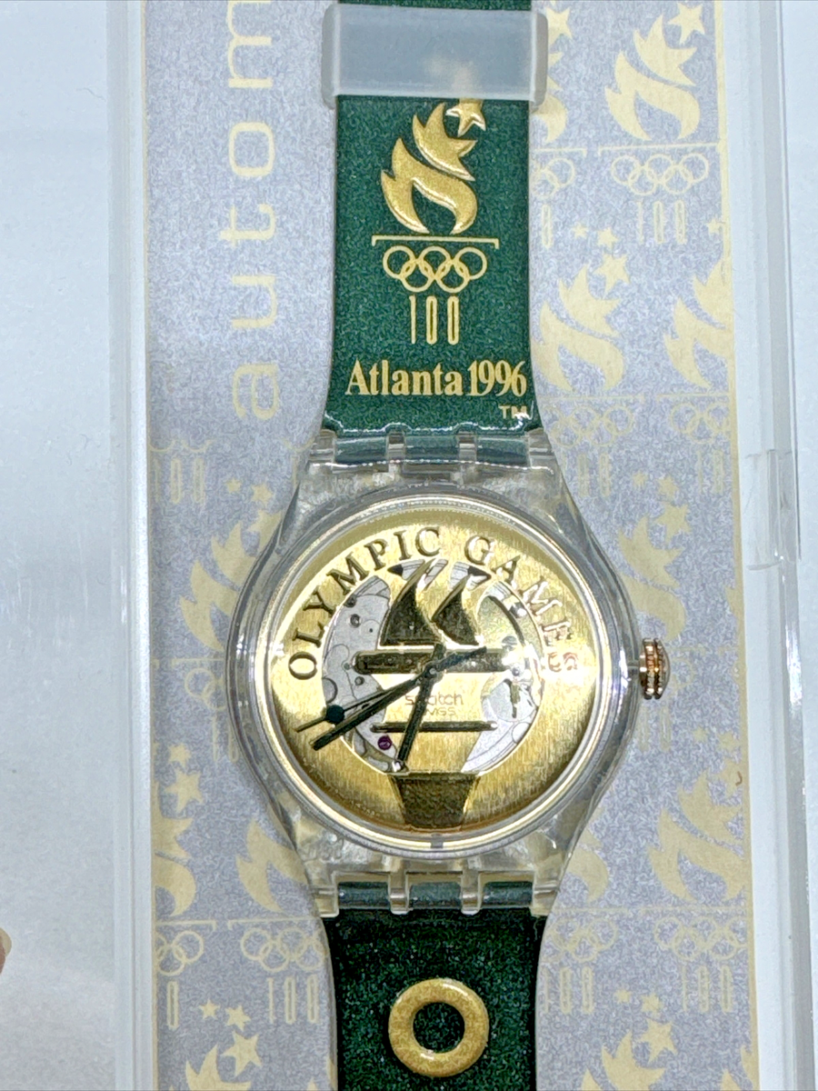 SWATCH ATLANTA 1996 Olympics Watch Green & Gold W/Case Automatic