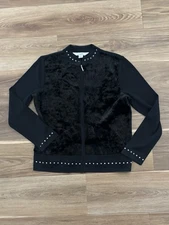 Ming Wang Full Zip Jacket Sweater Faux Fur Studded Sz M Black