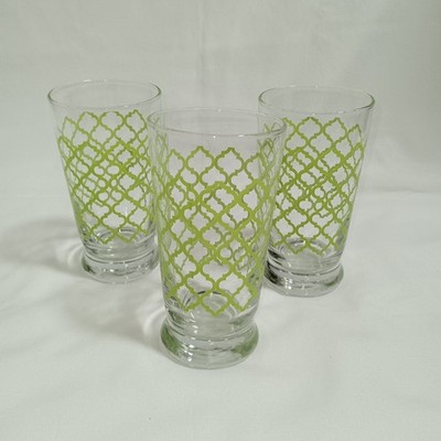 Libbey Drinking Glasses Set of 3 Green Quatrefoil Pattern 12 Oz Retro