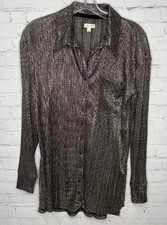 Anthropologie Pilcro Metallic Buttondown Blouse Shirt Top Black Silver