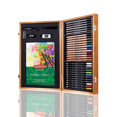 Academy Geschenkbox aus Holz, komplettes 35-teiliges Kunstset mit Farbstiften, Pastelltöne