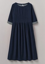 Toast Freya Crinkle Cotton Dress Size 12 Midi Blue 3/4 Sleves Gingham Lining