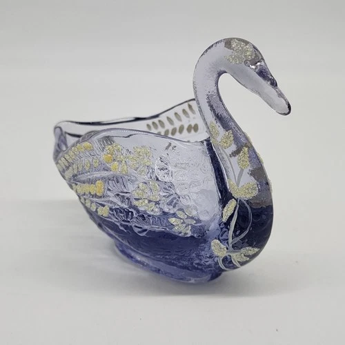 Fenton Periwinkle Art Glass Swan Figurine Trinket Dish with White Floral Paintin
