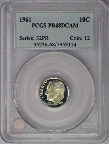 1961  Roosevelt Dime 10c Proof  PCGS PR68 DCAM Beautiful Light Golden Toning.