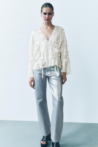 ZARA ZW COLLECTION SEQUINNED KIMONO CREAM SPARKLE TOP CARDIGAN XS/S - Picture 4 of 20