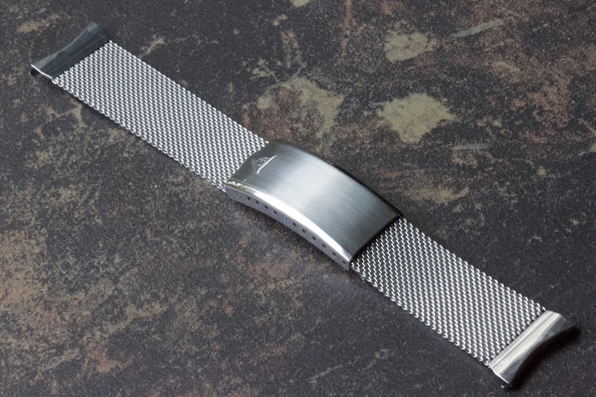 JB Champion USA 19mm curved end steel mesh vintage watch bracelet NOS 1950s 60s
