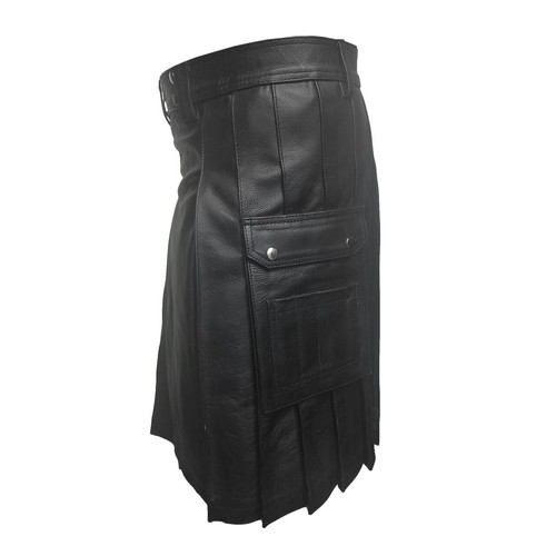 Men Leather Cosplay Gladiator Party Utility Kilt Flat Front Twin Cargo Pockets - Picture 4 of 8