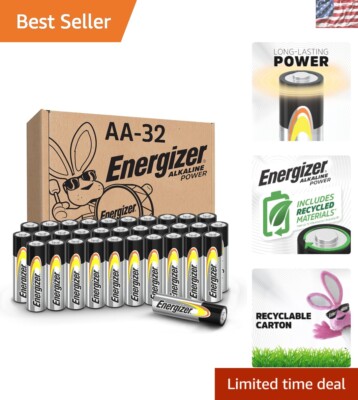 Eco-Friendly 32-Pack AA Alkaline Batteries - Leak-Proof with 10-Year Lifespan