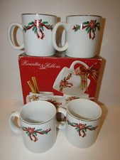 Fine China of China POINSETTIA  RIBBONS Porcelain Holiday Set of Four 12oz Mugs