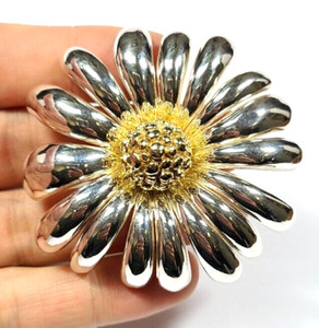 Authentic Sterling Silver Gold Plated Large Puffy Flower Pin Brooch 28 grams