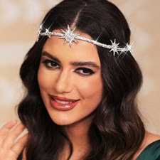 Rhinestone Headband Silver Star Hair Band Sparkly Bridal Forehead Crystal Hea...