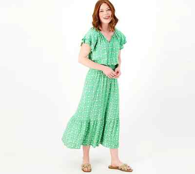 Destination 365 Regular Printed Short-Sleeve Midi Dress w/Smocking Pistachio Med