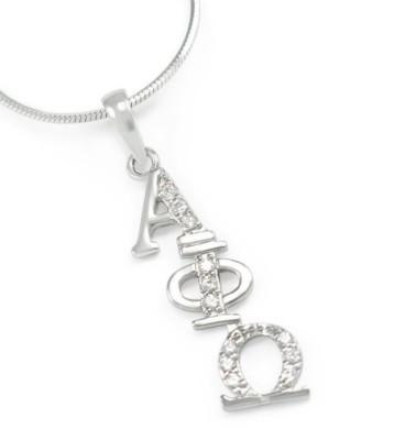 Alpha Phi Omega sterling silver diagonal pendant with simulated diamonds