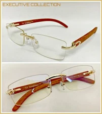 Mens CLASSY SOPHISTICATED ELEGANT Clear Lens EYE GLASSES Rimless Gold Wood Frame