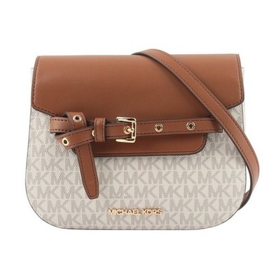 MICHAEL KORS EMILIA SMALL SADDLE CROSSBODY SHOULDER BAG MK SIGNATURE VANILLA ACR