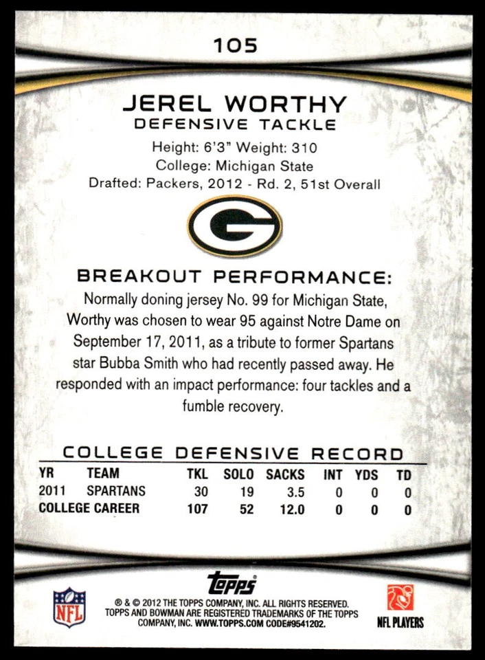 2012 Bowman Jerel Worthy #105 Rookie Green Bay Packers - Image 2 of 2