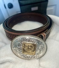 John Deer 48 Waist Leather Belt  Buckle Authentic Logo Genuine Brown Men JD Far